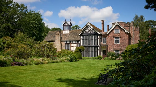 View over the well tended lawn of the south front at Rufford Old Hall, Lancashire